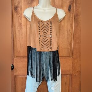 Graphic Camisole With Fringe in‎ Brown and Black